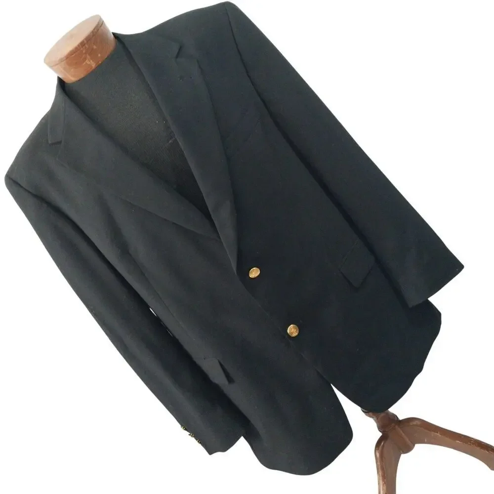 AUSTIN REED! STUNNING BLACK FINE WOOL, GOLD BUTTON CLUB BLAZER, JACKET! SZ 46R